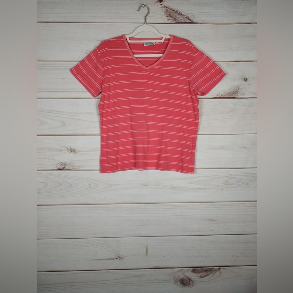 Basic Editions M Top Woman’s Watermelon Striped Short Sleeve Pullover V-Neck.